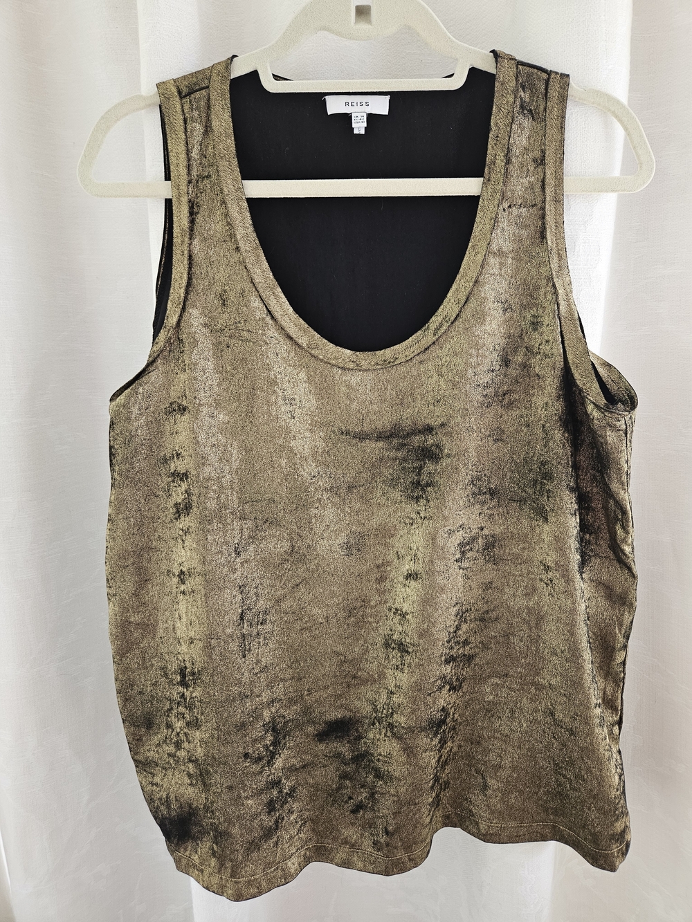 REISS sleeveless top featuring a striking textured metallic gold foil print over